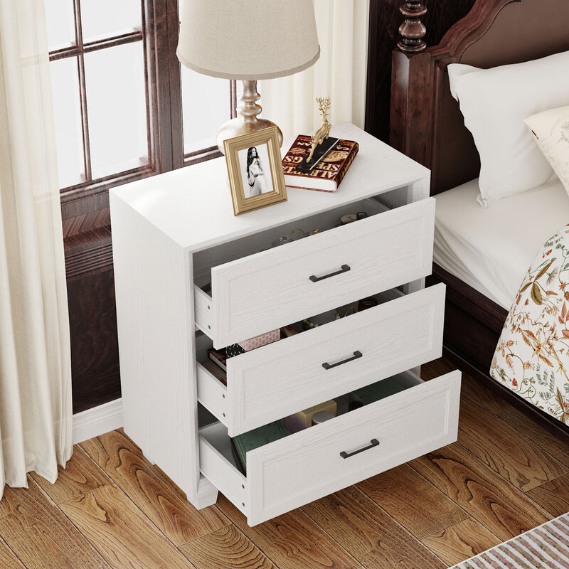 FUFU&GAGA Classic White Wood Grain Dresser Nightstand with 3-Tier Drawers, Black Pulls & Beveled Edge Design (34.4" Hx 31.4" W x 15.7" D)