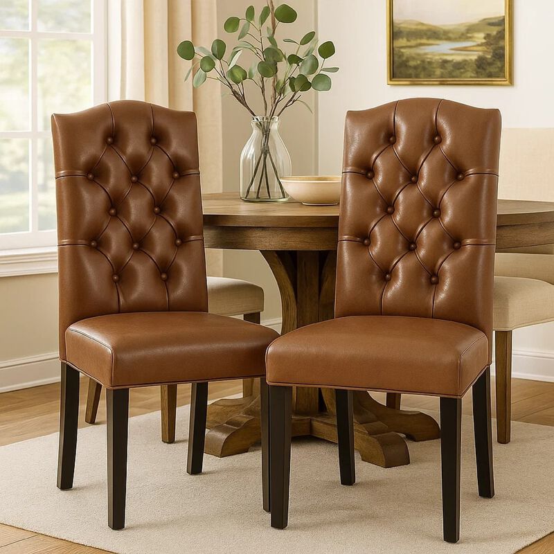 Elona Dining Chair Set of 2, Crown Top, Brown Tufted Faux Leather image number 1