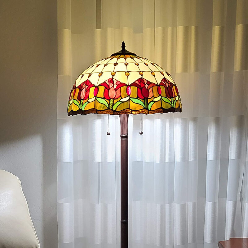 Hivvago 62" Brown Two Light Traditional Shaped Floor Lamp With Red Flowers Stained Glass Dome Shade