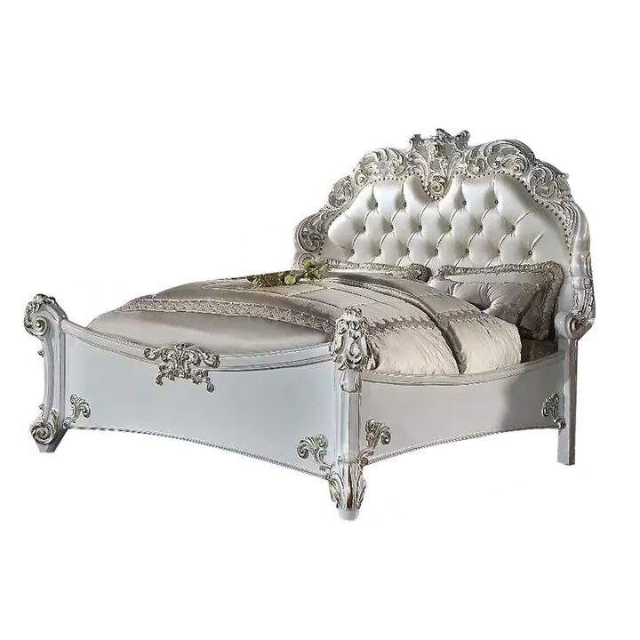 Antoine King Bed, Classical Style, White Faux Leather Victorian Carved