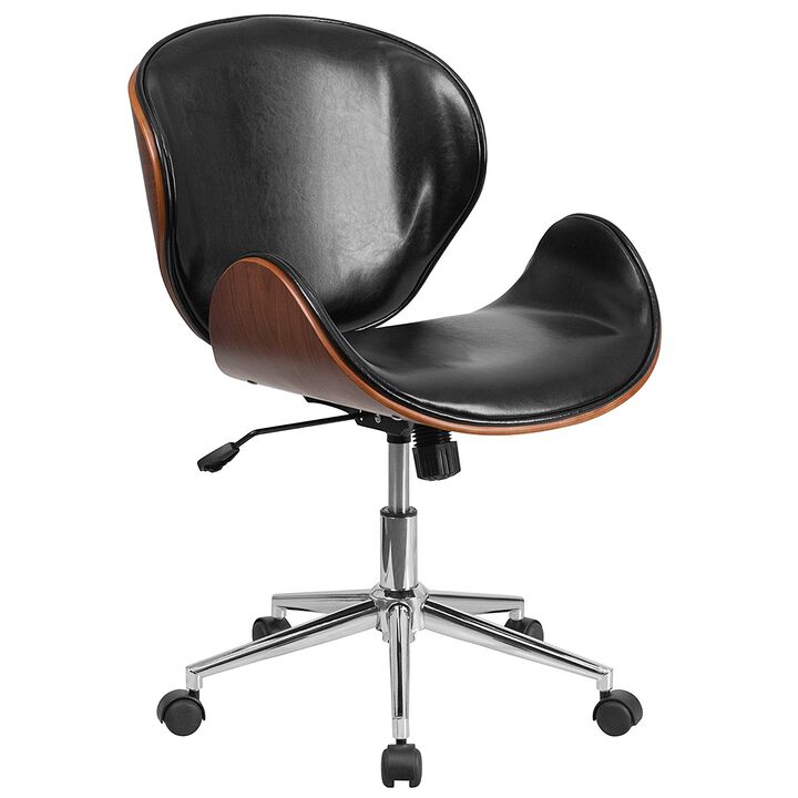 Hivvago Mid-Back Walnut / Black Faux Leather Office Chair with Curved Bentwood Seat