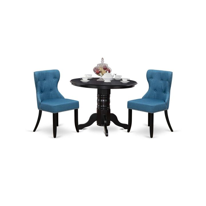 East-West Furniture SHSI3-BLK-21 - A dining room table set of 2 amazing parson dining chairs with Linen Fabric Mineral Blue color and a lovely 42-Inch Antique pedestal kitchen table using Black color