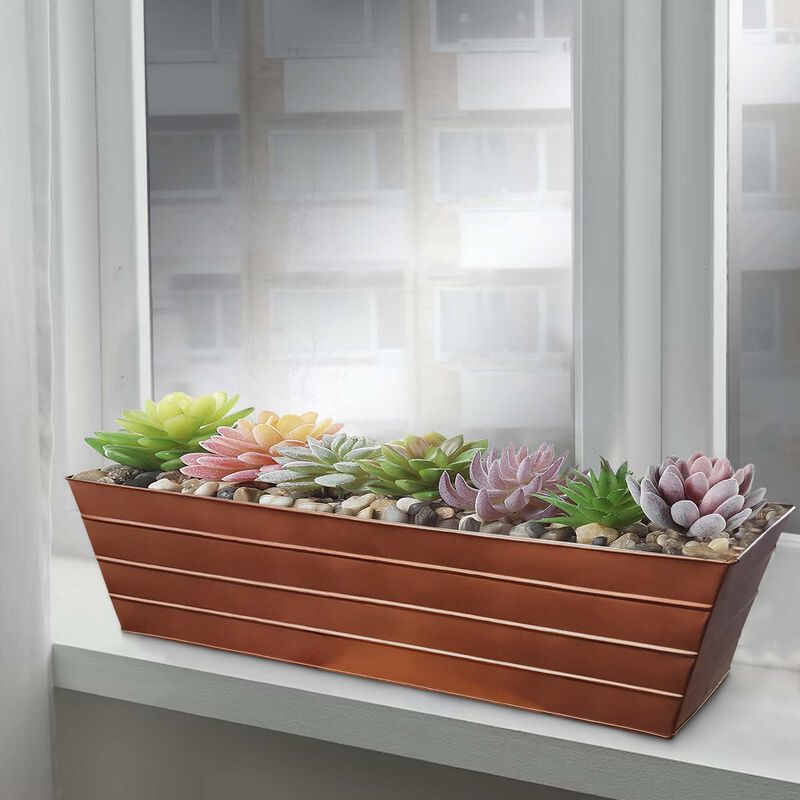 Rectangular Metal Flower Planter Box with Embossed Line Design, Large, Copper-Benzara
