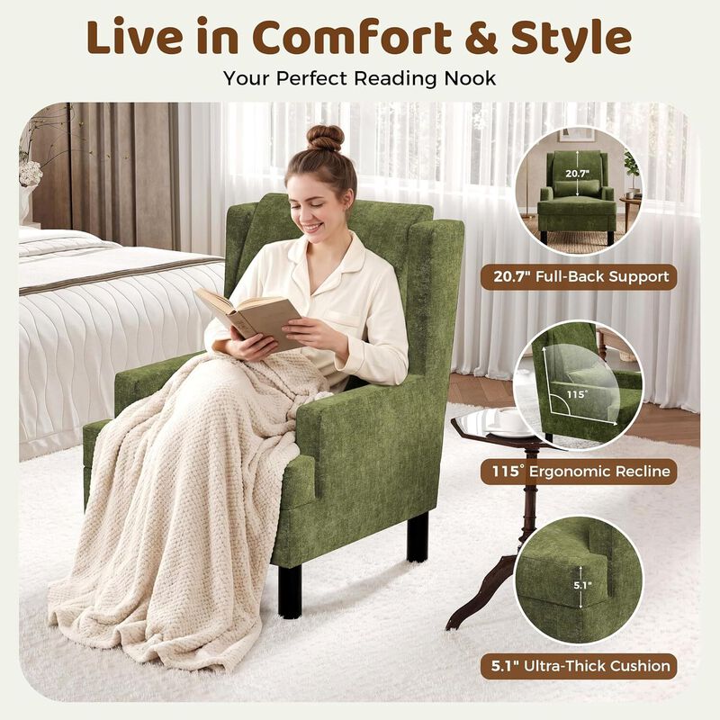 Upholstered Wingback Accent Chair, Modern Reading Armchair for Living Room, Bedroom, Green image number 3