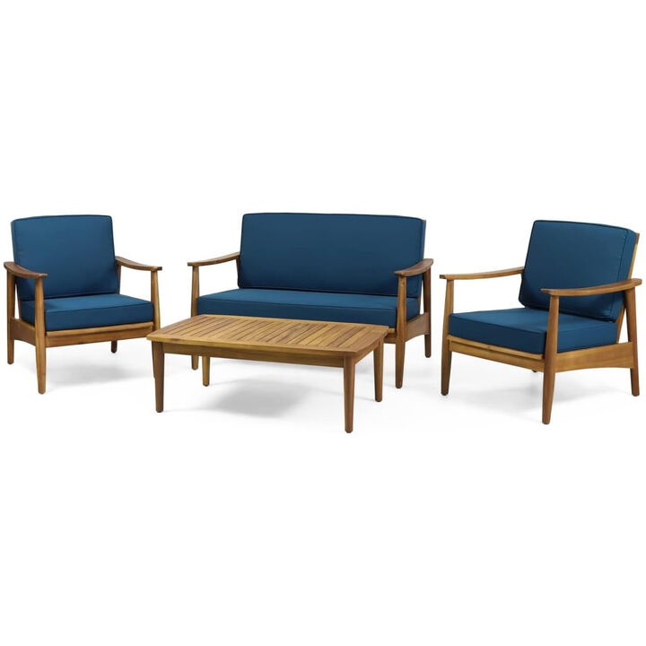 Merax 4-Piece Wood Outdoor Patio Conversation Seating Set with Dark Teal Cushions