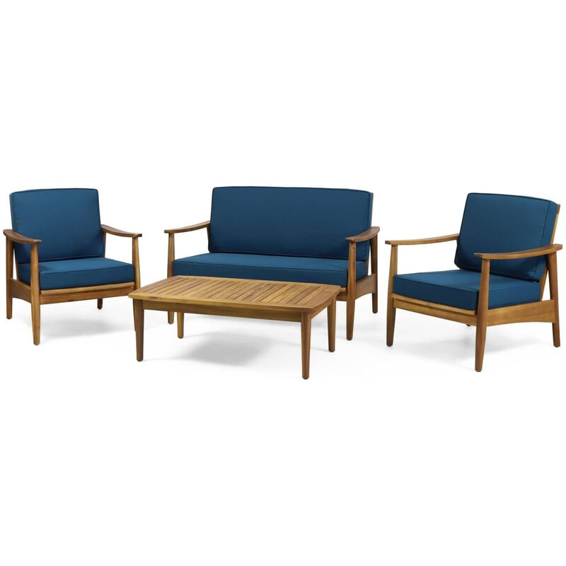 Merax 4-Piece Wood Outdoor Patio Conversation Seating Set with Dark Teal Cushions