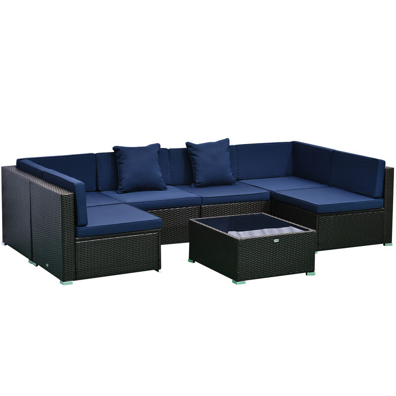 Outsunny 7 Piece Outdoor Patio Furniture Set with Cushions, All Weather PE Rattan Outdoor Sectional Patio Furniture Set, Wicker Conversation Sets with Glass Top Coffee Table, Blue