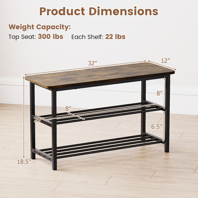 Rustic Brown 3-Tier Shoe Bench with Metal Shelves and Wooden Seat image number 2
