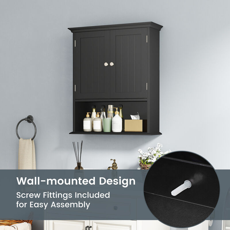 Wall Hanging Bathroom Cabinet with Enclosed Storage and Open Shelves