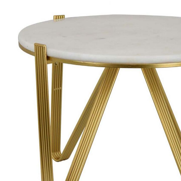 Glam Plant Stand Table, White Marble, Gold Metal Texture Legs, 25 Inch - Benzara