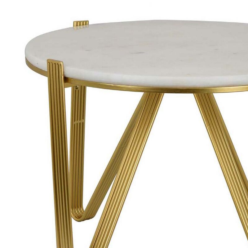 Glam Plant Stand Table, White Marble, Gold Metal Texture Legs, 25 Inch - Benzara