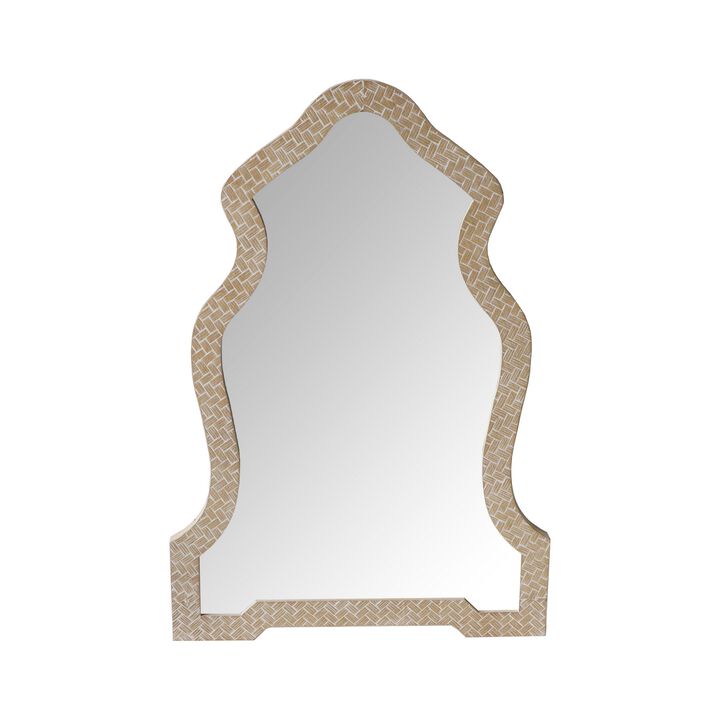Scalloped Top Wooden Framed Wall Mirror with Geometric Texture, Brown-Benzara