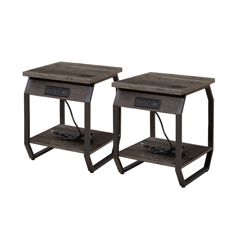 Side Table with Charging Station, Set of 2 End Tables with USB Ports and Sockets, Bedside Tables in Living Room, Bedroom,Rustic Brown,17.32’’w x 17.32’’d x 21.65’’h