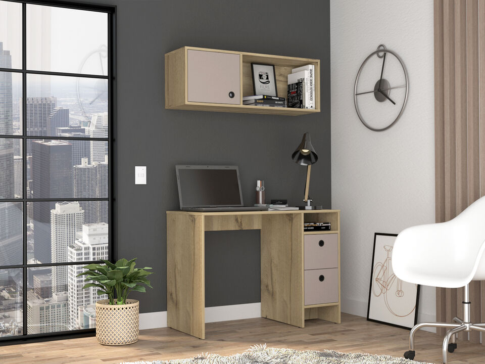 DEPOT E-SHOP Aramis Office Set, Two Drawers, Wall Cabinet, Single Door Cabinet, Two Shelves , Light Oak /Taupe