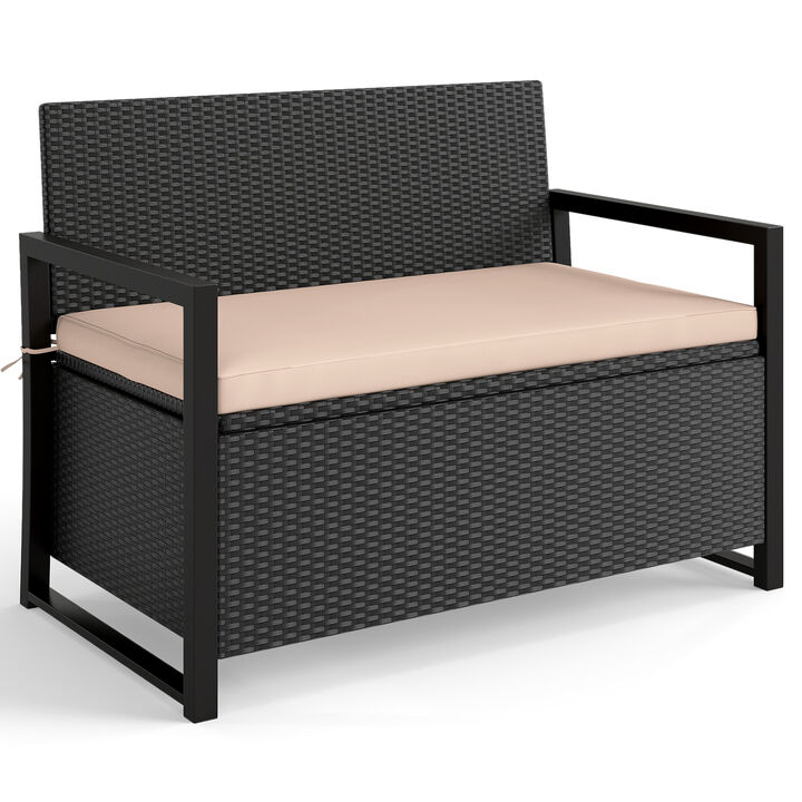 Patio Wicker Storage Bench with Loveseat Seating and Built-In Compartment
