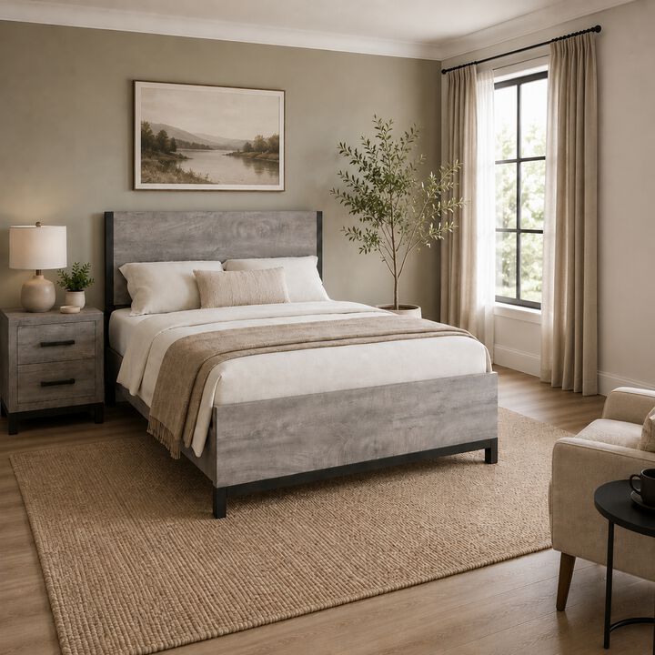 Queen Bedroom Set, Gray Wood, 2 Piece Set with Nightstand