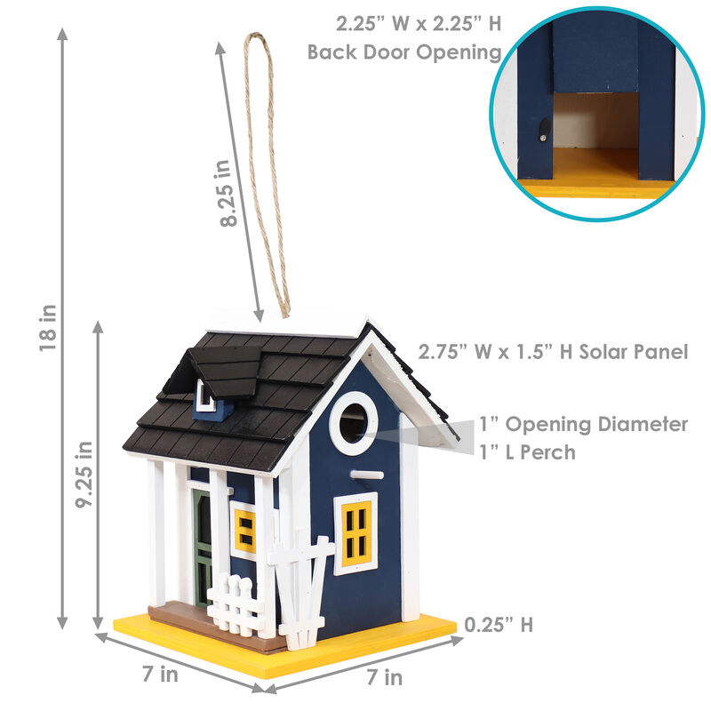 Sunnydaze 9.25 in Wooden Cozy Home Birdhouse with Solar LED Light - Blue