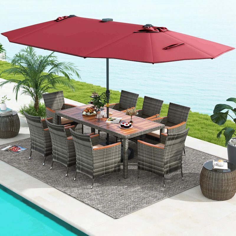 Mondawe 9-Piece Patio Dining Set,71" Acacia Table With 15ft Solar LED Umbrella & PE Rattan Chairs