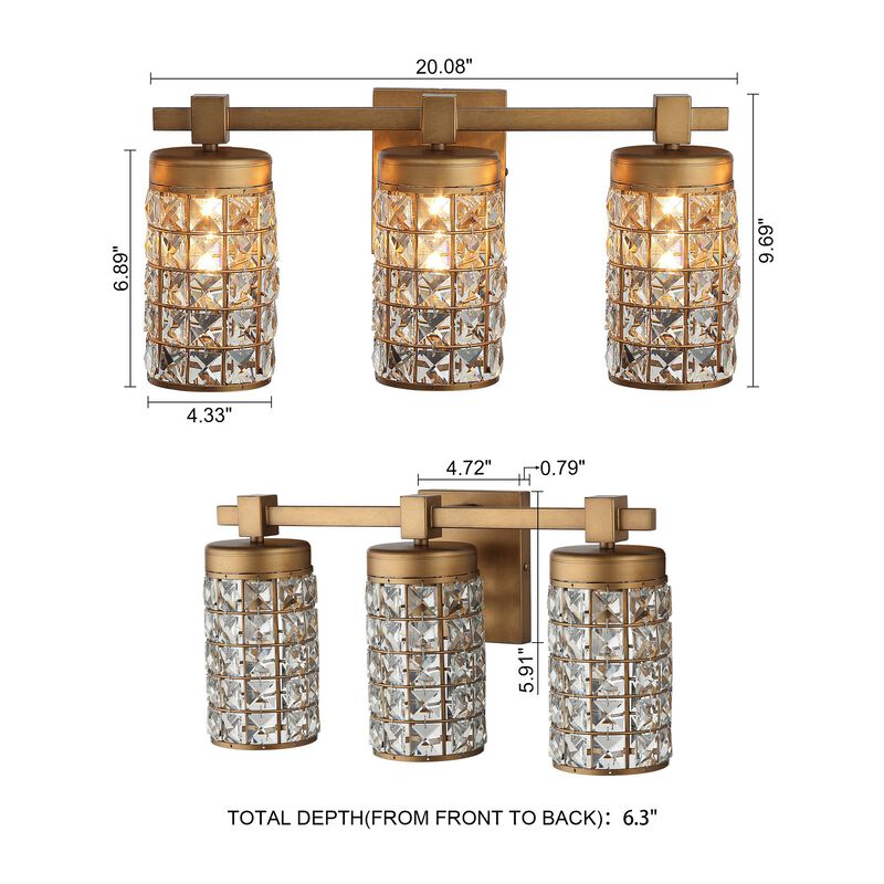 20" 3-Light Vintage Gold Crystal Bathroom Vanity Light