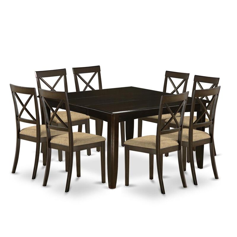 9 Pc Dining room set for 8-Kitchen Table with Leaf and 8 Linen Dinette Chairs.