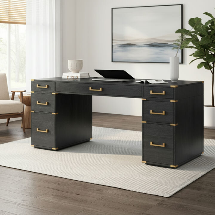 Whisen 70" Executive Desk, 7-Drawer USB MDF Metal for Home Office Study