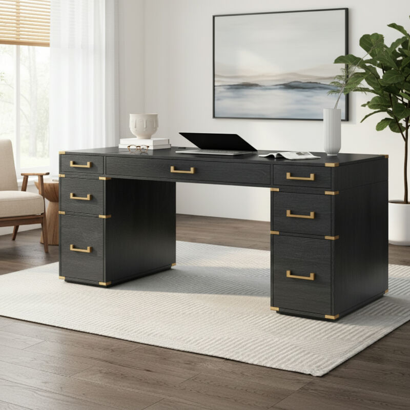 Whisen 70" Executive Desk, 7-Drawer USB MDF Metal for Home Office Study image number 1