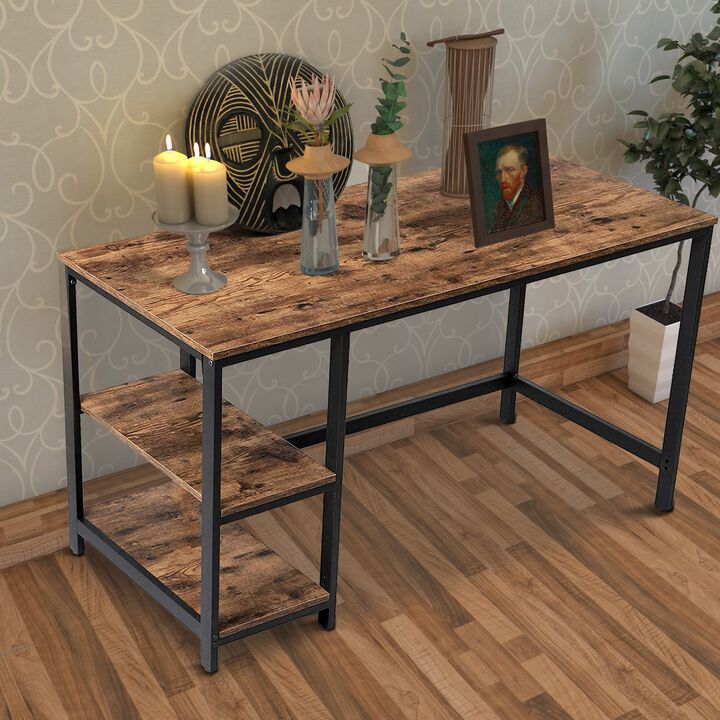 Industrial 47 Inch Wood and Metal Desk with 2 Shelves, Black and Brown-Benzara