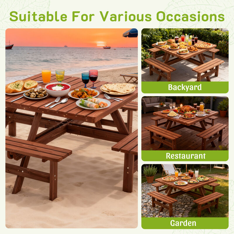 WOW PIONEER 8-Person Square Outdoor Picnic Table with Umbrella Hole Waterproof Sturdy Cross Structure Dining Set for Backyard Garden Camping Easy Clean image number 6