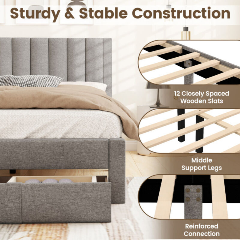 Bed Frame with Built-In Storage Drawer and Vertical Channel Headboard image number 6