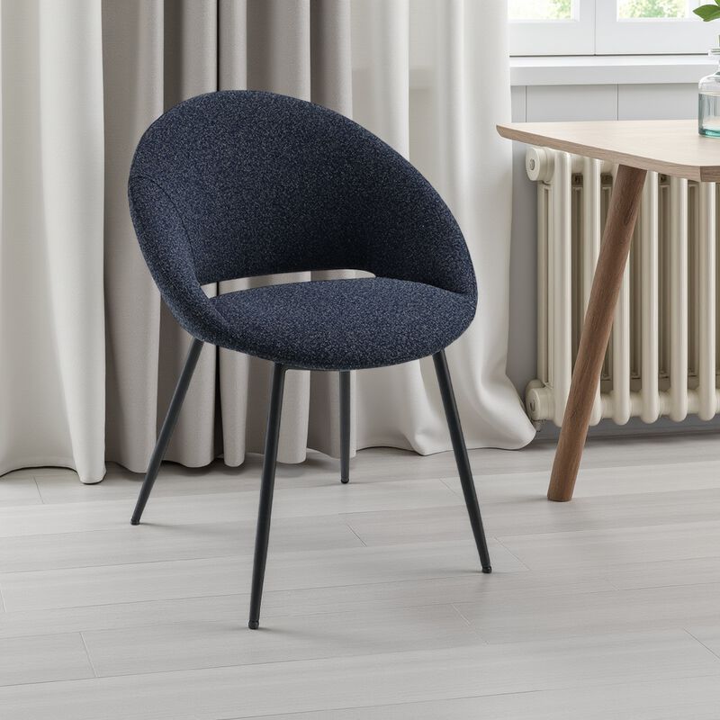 Laus Side Dining Chair Set of 2, Black Boucle, Sleek Black Metal Frame - Benzara