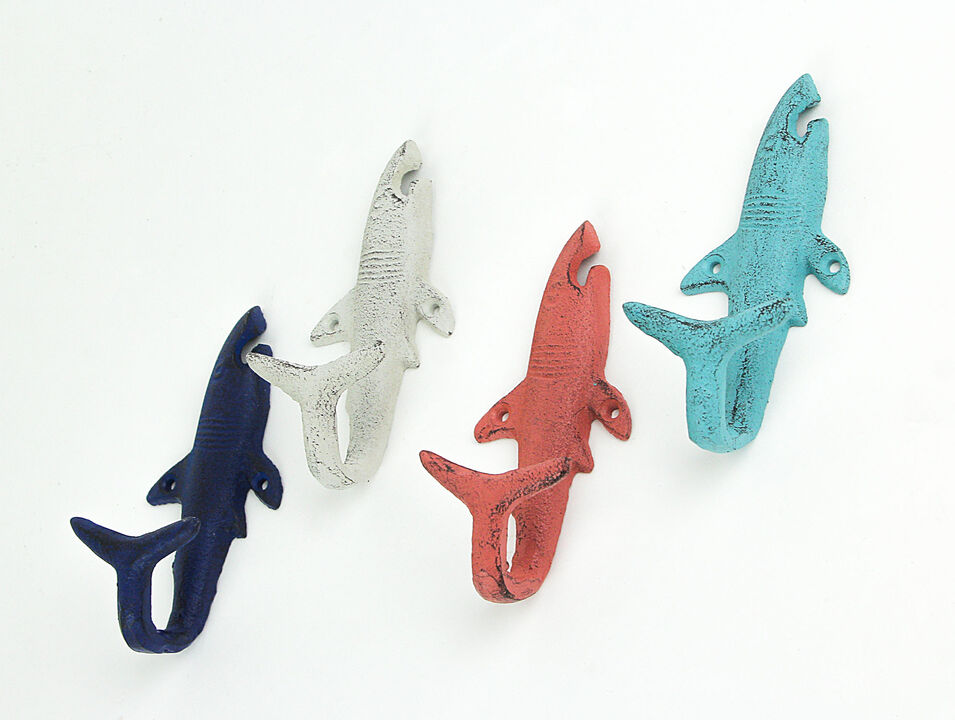 Set of 4 Cast Iron Coastal Color Shark Tail Wall Hooks - Decorative Nautical Accents for Beach-Themed Interiors - Towel or Coat Hanging Decor - 5.25 Inches High