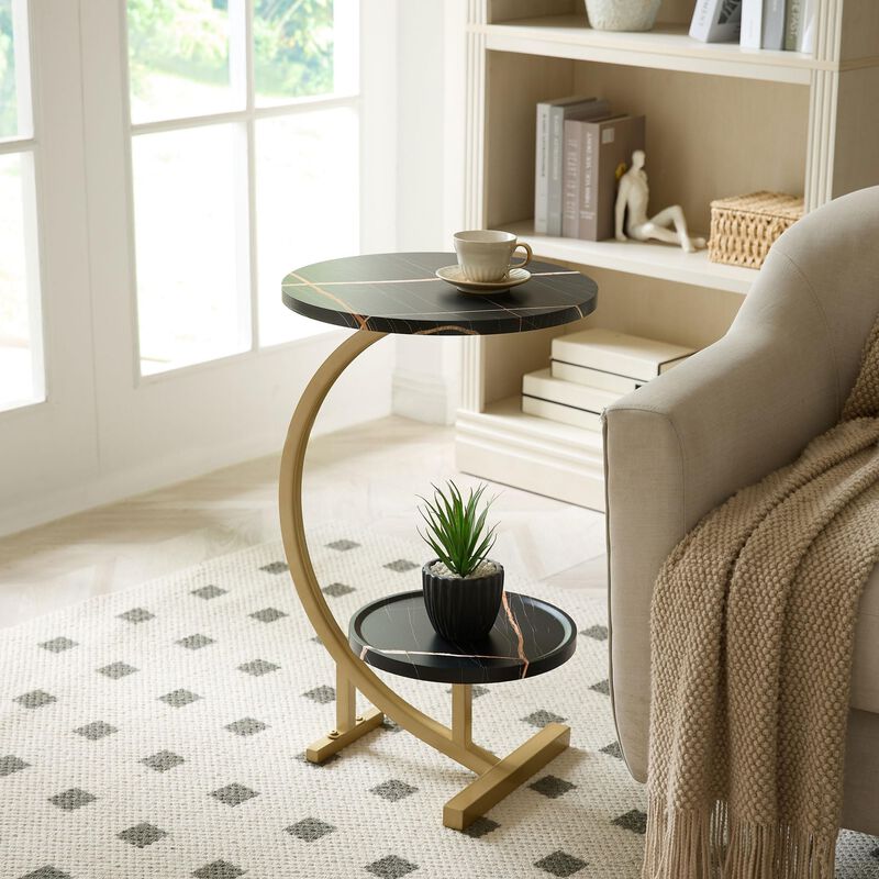Kings Brand Furniture Rouge C-Shaped Side Table &ndash; Faux Marble Top & Gold Metal Frame Modern Accent Table, Sofa Table image number 2