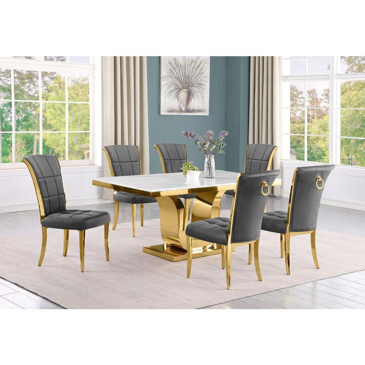 7pc Small(66") marble top dining set with gold base and 6 Dark grey side chairs