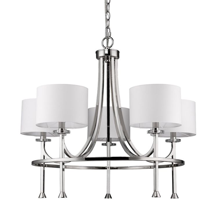 Hivvago Silver Candle Style Five Light Metal and Crystals Dimmable Chandelier With White Shades