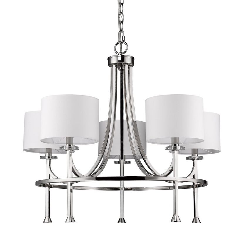 Hivvago Silver Candle Style Five Light Metal and Crystals Dimmable Chandelier With White Shades