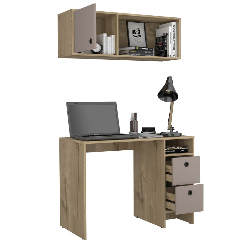DEPOT E-SHOP Aramis Office Set, Two Drawers, Wall Cabinet, Single Door Cabinet, Two Shelves , Light Oak /Taupe