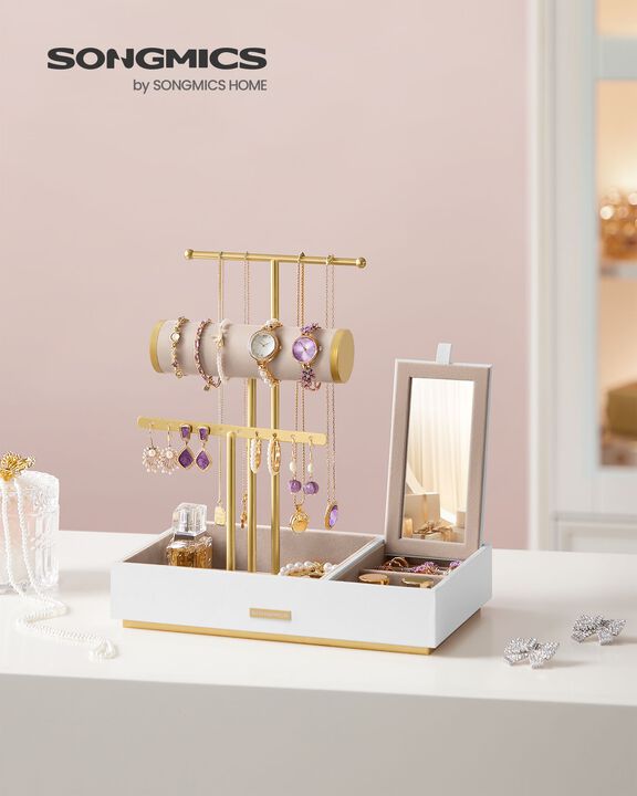 Jewelry Holder with Built-In Mirror for Necklace, Ring, and Earring Organization