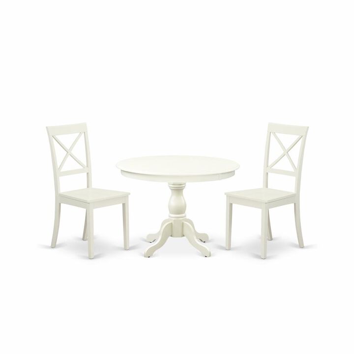 East West Furniture HBBO3-LWH-W 3 Piece Dining Room Set - Linen White Small Kitchen Table and 2 Linen White Kitchen & Dining Room Chairs with X-Back - Linen White Finish
