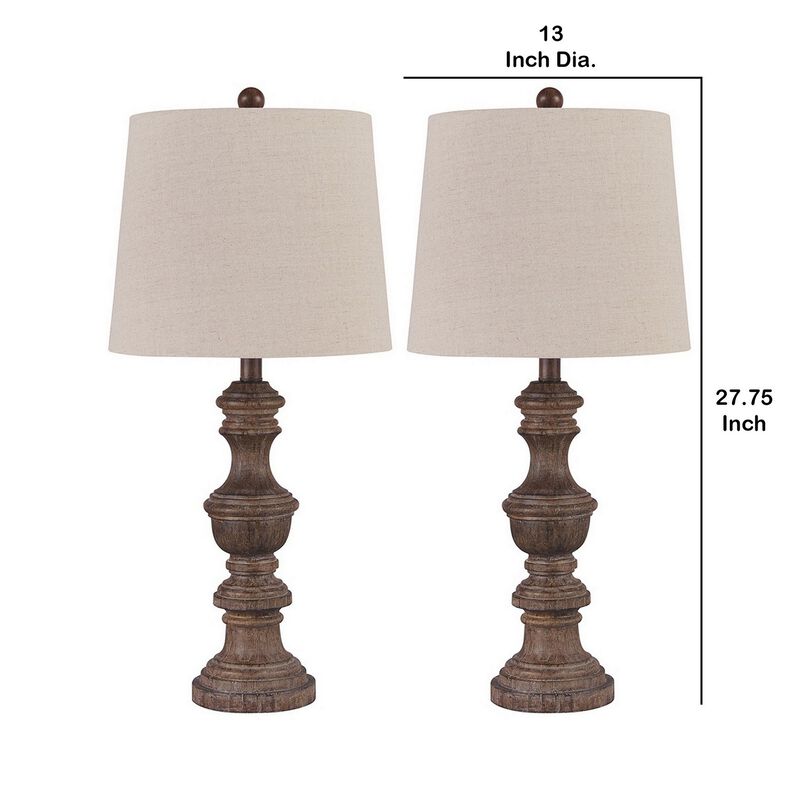 Tapered Fabric Shade Table Lamp with Turned Base, Set of 2, Gray and Brown-Benzara