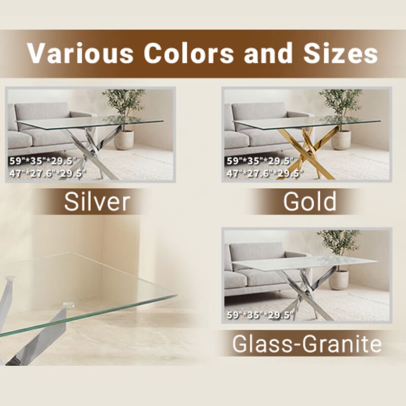 59.06 Inches Modern Rectangular Glass Table with Silver Frame image number 3