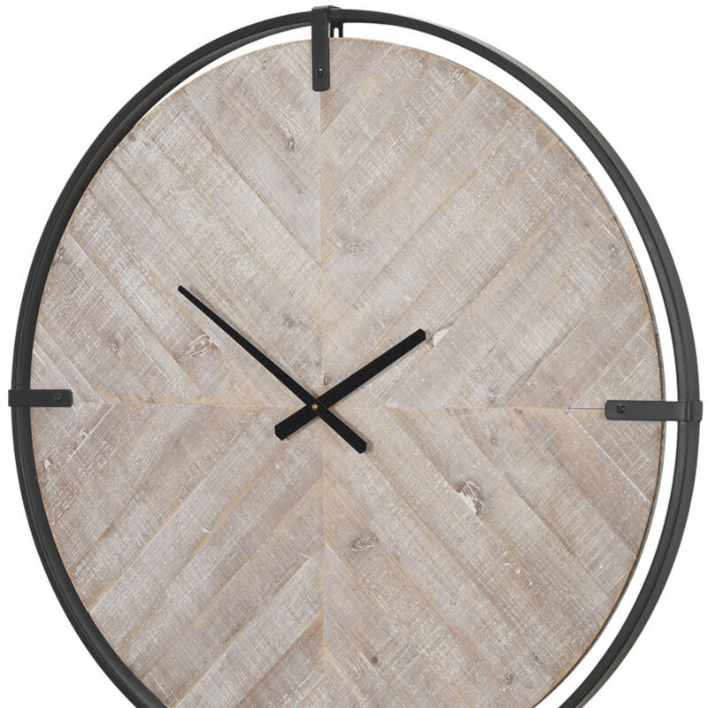 HomeRoots 33" Black And Natural Metal And Solid Wood Analog Distressed Round Wall Clock image number 2