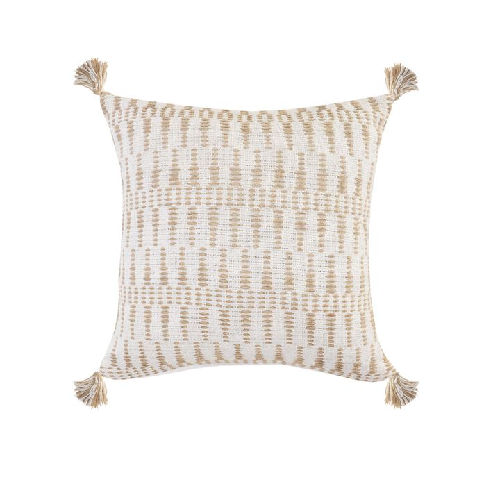 20" Ivory and Tan Geometric Tassel Square Throw Pillow