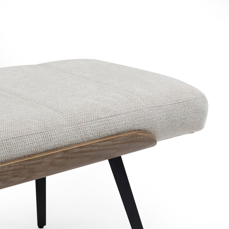 Glamour Home Beige Washed Woven Fabric Bench White Washed Wood Accents and Black Iron Legs