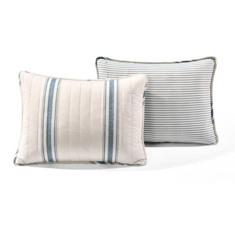Hivvago Blue Off-White Cream Stripe 3 Piece Reversible Cotton Quilt Set