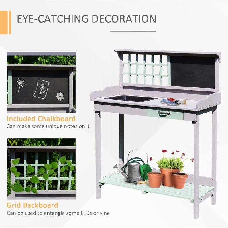 Light Gray Garden Station: Potting Bench with Sink, Blackboard & Storage