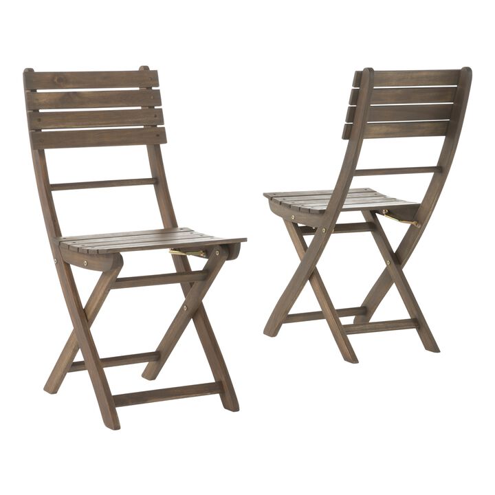 Cami Outdoor Foldable Bistro Chair, Slat Back, Cross Gray Acacia Wood - Benzara