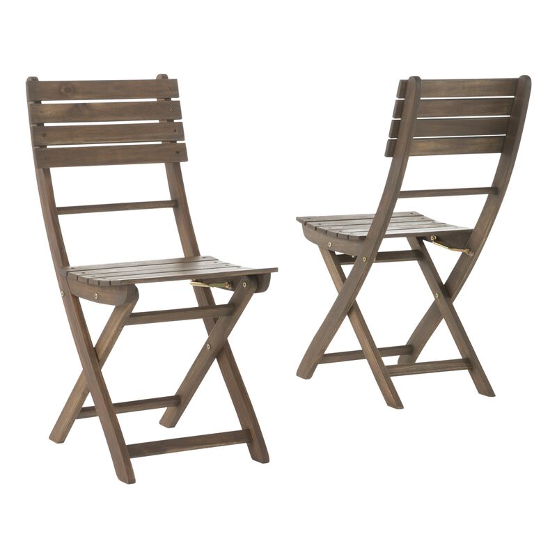 Cami Outdoor Foldable Bistro Chair, Slat Back, Cross Gray Acacia Wood - Benzara