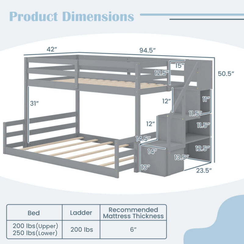 Twin Over Full Low Bunk Bed Solid Wood Frame with Storage Stairs image number 2