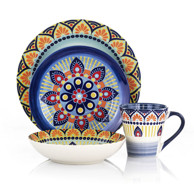 Elama Zen Blue Mozaik 16 Piece Luxurious Stoneware Dinnerware with Complete Setting for 4, 16pc