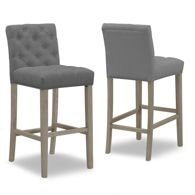 Glamour Home Set of 2 Alee Gray Fabric Bar Stool with Tufted Buttons and Wood Legs